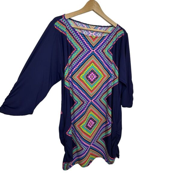 ANNE COLE Desert Diamonds Blue Boat Neck Side Shirred Cover Up Size 20 - Picture 1 of 14